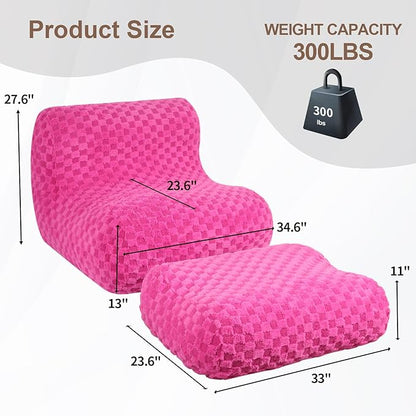 Bean Bag Chair with Footstool, Comfy Reading Sofa Chair for Adults, Modern Floor Sofa for Livingroom, Bedroom, Pink