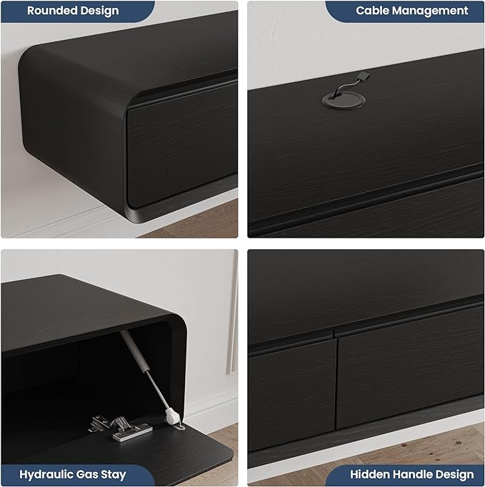POVISON Fully Assembled Floating TV Stand, 63 inch Modern TV Stand with 3 Flip-Down Cabinet Doors, Black TV Stand, Solid Wood Floating Entertainment Center, Minimalist TV Console