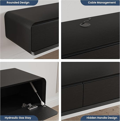 Fully-Assembled Minimalist Floating TV Stand, Modern Wall-Mounted Entertainment Center with 3 Flip-Down Cabinet Doors, Solid Wood, Black Oak, 78"