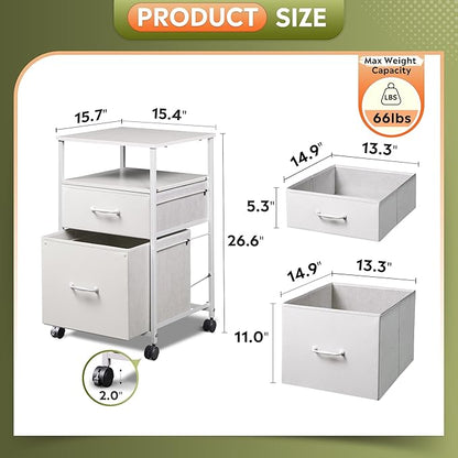 DEVAISE 2 Drawer Fabric Vertical Filing Cabinet, Rolling Printer Stand, White