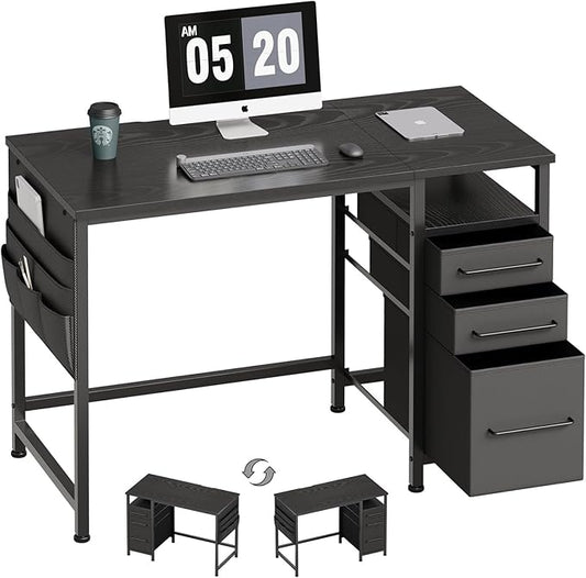 Ｍａｉｈａｉｌ Maihail Small Desk with Drawers, 40 inch Computer Desk with Shelves, Writing Desk with Storage, Small Office Desk with Metal Frame, Black