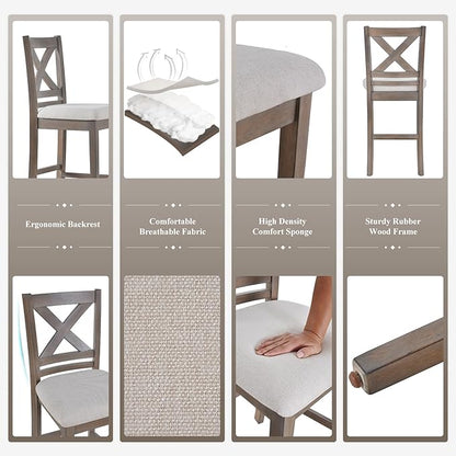 Upholstered Counter Height Bar Stools Set of 4, Modern Kitchen Island Barstools Chairs with Cross Back and Wood Legs for Dining Room Bar, Light Brown Wash