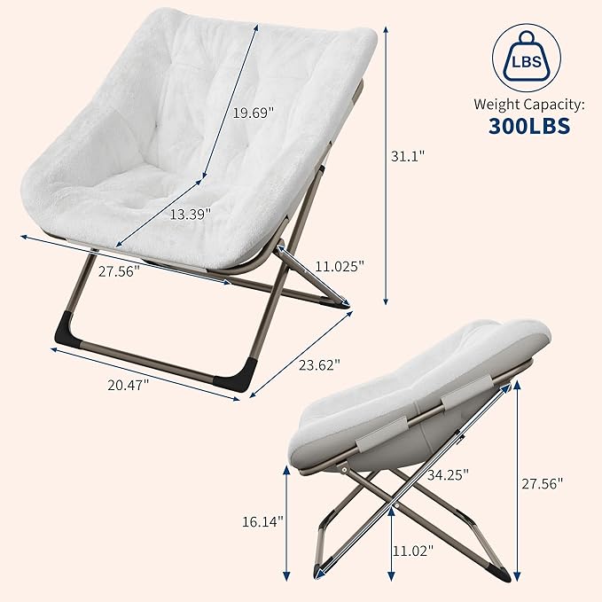 Comfy Chair for Adults, Foldable Living Room Chairs, Soft Faux Fur Folding Lounge for Bedroom Living Room Dorm Rooms, Flexible Reading Chair for Teens (1, White, X-Large)
