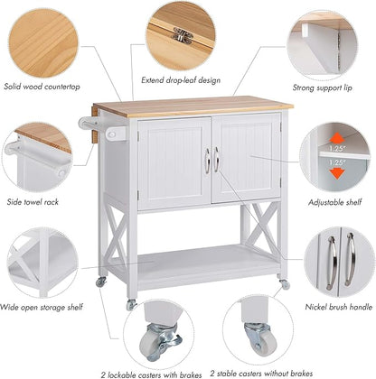 Spirich Kitchen Island on Wheels, Rolling Kitchen Cart with Storage Cabinet, Small Kitchen Island with Drop Leaf and Towel Rack for Dining Room, White