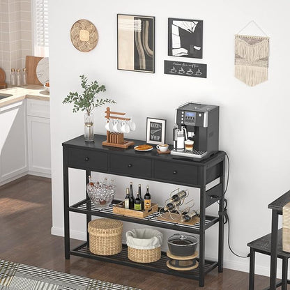 Ecopriso 47'' Entryway Table with Outlets and USB Ports, Console Table with 3 Drawers, Sofa Table Narrow Long with Storage Shelves for Living Room, Couch, Hallway, Foyer, Kitchen Counter, Black