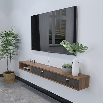Pmnianhua Floating TV Shelf,70'' Wall Mounted Floating TV Stand Unit Media Console Wall TV Console Cabinet Media Entertainment Shelf with 2 Doors for TVs up to 75'' (Walnut)