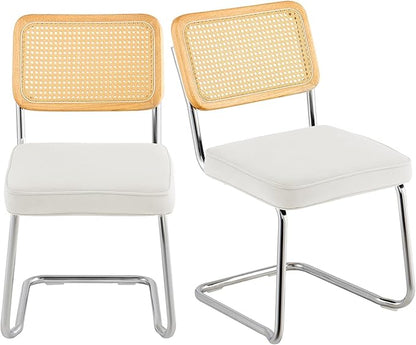VEVOR Rattan Chairs Set of 2, Mid Century Modern Dining Chair, Upholstered Velvet Accent Chair with Rattan Back, Retro Kitchen Chair for Living Room, Bedroom (18.1 Inch)