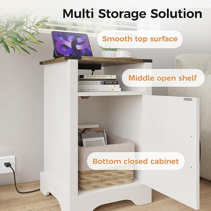 RoyalCraft Nightstand Set of 2, White End Table with Charging Station, Tall Farmhouse Bedside Table with Large Storage and Shelf, Wooden Side Table with for Bedroom, Home Office, White and Rustic Oak