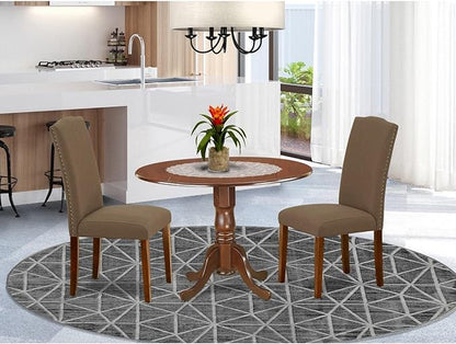 East West Furniture DLEN3-MAH-18 3 Piece Dining Room Furniture Set Contains a Round Dining Table with Dropleaf and 2 Dark Coffee Linen Fabric Parsons Chairs, 42x42 Inch, Mahogany