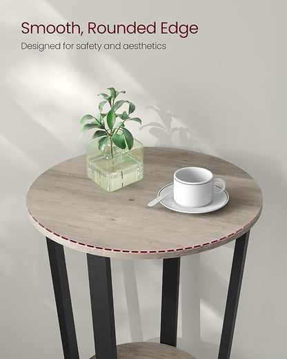 VASAGLE End Table, Round Side Table with Storage Shelf, Easy Assembly, Industrial Accent Furniture with Steel Frame, Heather Greige and Black ULET057B02