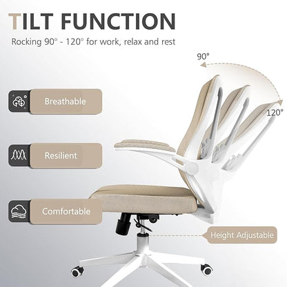 Office Chair, Ergonomic High Back Comfy Desk Chairs and Flip-up Armrest Lumbar, Swivel Tilt Function Backrest Computer Chair,PU Rolling Wheels Capacity 350LBS (Khaki)