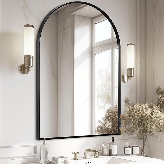 28" x 36" Black Arched Mirror, Large Arch Bathroom Wall Mirror, Metal Frame Arched Top Bathroom Vanity Mirror for Living Room, Bedroom, Entryway, Tempered Glass, Shatter Proof