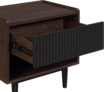 Manhattan Comfort Duane Modern Ribbed Nightstand Set of 2, Bedside Table with Full Extension Drawer and Open Shelf, Industrial Chic Living Room and Bedroom Furniture, Black