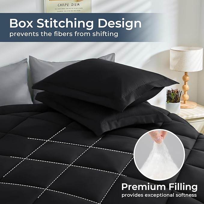 HEVUMYI Twin-XL Comforter Set - 5-Piece All Season Bed in a Bag Twin-XL, Ultra Soft Bedding Set with Comforter, Flat Sheet, Fitted Sheet, Pillowcases, Pillow Shams, Black & Light Grey