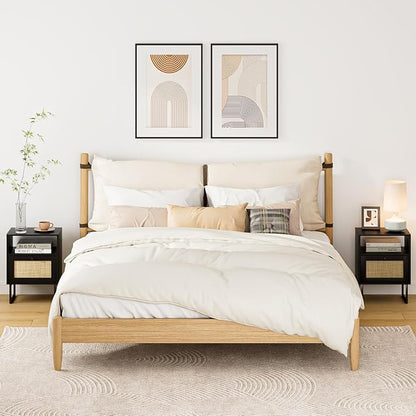 Rattan Nightstand, Boho Night Stand Farmhouse Wood Bedside Table with Storage and Open Shelf, End Side Accent Table for Bedroom,Living Room,Black