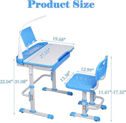 Kids Desk and Chair Set, Height Adjustable Child's School Study Writing Tables with Tilt Desktop, LED Light, Storage Drawer, Book Stand (Blue)