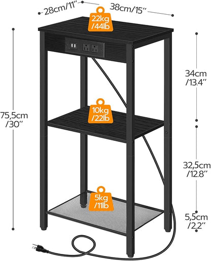 HOOBRO Tall End Table with Charging Station, 30 Inch Tall Nightstand, 3-Tier Side Table with Storage Shelves, for Living Room, Bedroom, Hallway, Black BB09UDH01G1