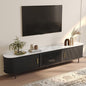POVISON Sliding Tambour Door TV Stand, Mid Century Modern Sintered Stone TV Console, Wood Media Console for 85 Inch TV, Entertainment Center with Storage Cabinet, Fully-Assembled (Black, 94.49")