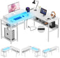 Unikito Reversible L Shaped Computer Desk with Power Outlets and Monitor Stand, Sturdy Corner Desk with RGB LED Light and Storage Shelves, Modern Work Desk for Home Office, Easy to Assemble, White