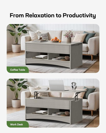 Marsail Lift Top Coffee Table with Open & Hidden Storage, Modern Fluted Coffee Table with Smooth Lift Mechanism, Sturdy Space-Saving Center Table for Home Living Room, Office, Light Grey
