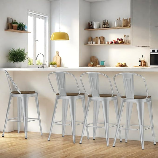 24” Swivel Bar Stools Set of 4, Counter Height Bar Stools Wooden Seat, Metal Industrial Bar Chairs with High Back for Kitchen Island (Silver)