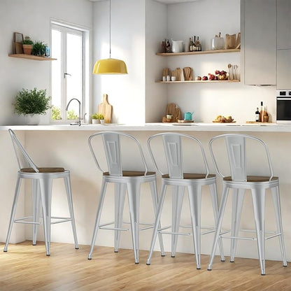30” Swivel Bar Stools Set of 4, Counter Height Bar Stools Wooden Seat, Metal Industrial Bar Chairs with High Back for Kitchen Island (Silver)