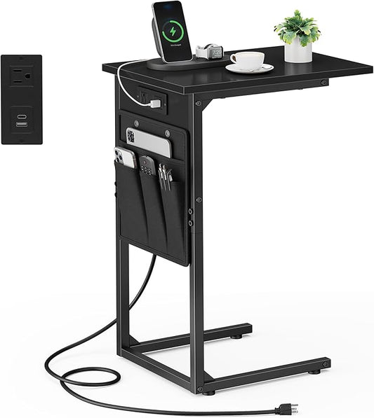 Vagusicc C Shaped End Table with Charging Station, Small Side Table for Couch, Couch Side Tables Recliner Desk, Slide Under Sofa Table TV Tray Arm C Tables for Living Room, Bedroom, Bedside, Black