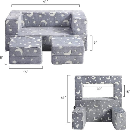 Kids Couch, Glow in The Dark Modular Kids Explore Sofa for Toddler 3 in 1 Fold Out Kids Toddler Sofa, Convertible Plush Toddler Couch with Washable and Durable Covers