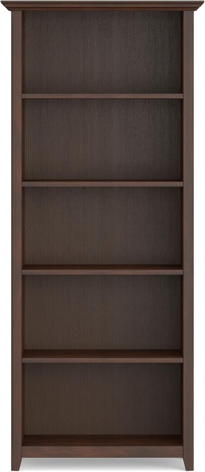 SIMPLIHOME Amherst Bookcase - 70 inch Tall 5-Shelf Solid Wood Bookshelf in Russet Brown, Transitional Storage for Living Room, Study Room or Office with Adjustable Shelves and Tapered Legs