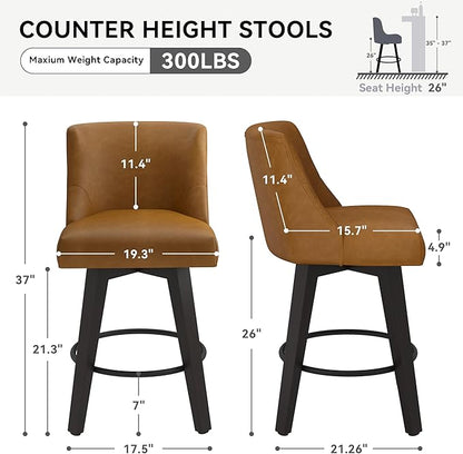 Counter Height Swivel Bar Stools Set of 3, 26 Inch Bar Stools with Footrest, Faux Leather Upholstered Barstools with Back and Solid Wood Legs for Kitchen Island, Dining Room,Pub,Brown