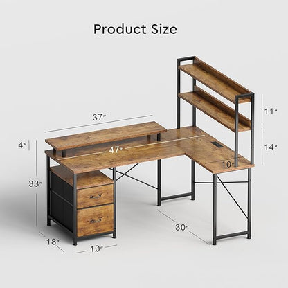 L Shaped Desk with Shelves,Reversible Computer Desk with LED Lights and Charging Station,Home Office Corner Desk with Monitor Stand,Brown2