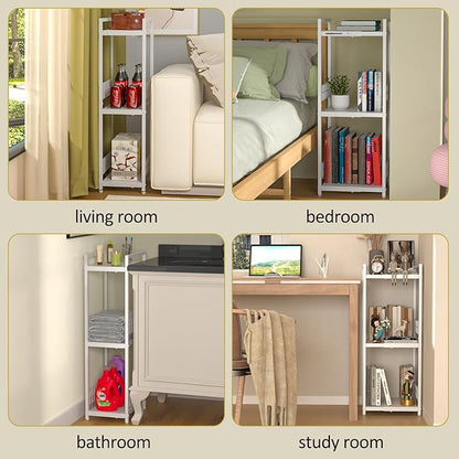 Expandable Slim Storage Shelf, 3 Tier Metal Shelving Unit for Bathroom Storage Organizer, Free-Standing Narrow Shelf, Open Floor Shelves for Small Spaces,Laundry,Bathroom,Kitchen, White