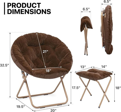MoNiBloom Round Folding Faux Fur Saucer Chair for Bedroom Living Room Dorm Foldable Metal Frame Oversized Large Comfy Furry Padded Soft Cozy Moon Chair with Footrest Ottoman for Adults (Brown)