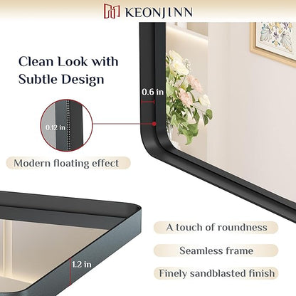 Keonjinn Black Bathroom Mirror for Over Sink, 60” x 28” Large Rounded Rectangle Bathroom Vanity Mirror, Matte Black Modern Decorative Framed Mirror, Anti-Rust, HD Tempered Glass(Horizontal/Vertical)