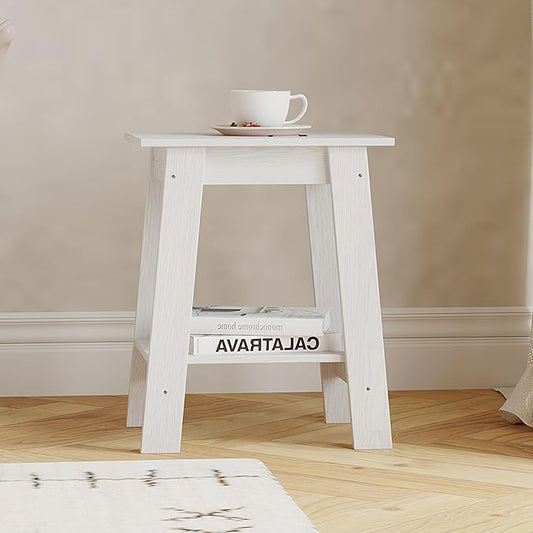 End Table with Double Storage Shelves, Small Space Side Table for Farmhouse Bedroom, Studio Apartment, Entryway， White