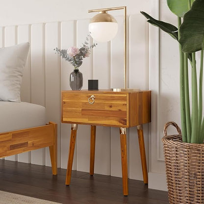 Bme Alden Solid Wood Nightstand/Side Table/End Table, Fully Assembled, with 1-Drawer for Mid Century Bedroom and Living Room, (12mm), Caramel
