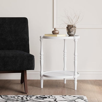 Accent Wood End Table, 2-Tier Round Bedside Table, Natural Side Table Nightstand for Family, Bedroom, Living Room, Handcrafted Finish, White