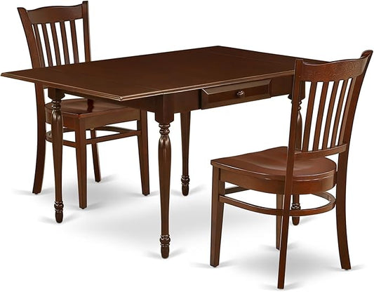 East West Furniture MZGR3-MAH-W 3 Piece Dinette Set for Small Spaces Contains a Rectangle Dining Table with Dropleaf and 2 Kitchen Dining Chairs, 36x54 Inch, Mahogany