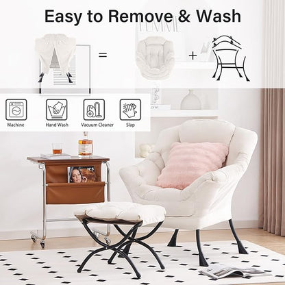 Lazy Chair with Ottoman, Modern Lounge Accent Chair with Armrests and a Throw Pillow, Leisure Sofa Chair Set, Reading Chair with Footrest for Living Room, Bedroom, Dorm Room, Office, Beige