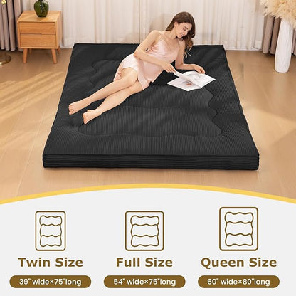 Japanese Floor Mattress, 4" Thicken Futon Mattress Twin Size Sleeping Pad, Corduroy Foldable Floor Pad, Roll Up Tatami Mat for Adults Guest Room Bedroom, Black