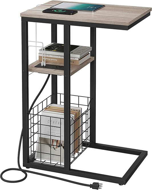 Vagusicc C Shaped End Table with Charging Station, Side Table for Couch, Small Side End Table for Small Spaces, 28" High Slide Under Sofa Table for Coffee, Tv Tray Table for Living Room, Greige