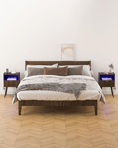 Nightstand, Modern Bedside Table with Charging Station and LED Lights, Night Stand with Storage Drawer and Solid Wood Legs