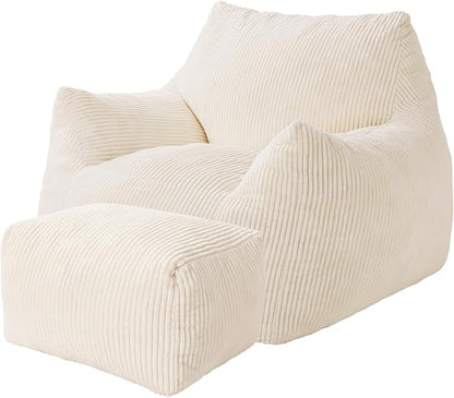 Big Bean Bag Chair for Adults & Kids, Ultra Soft Living Room Bean Bag with Armrests & Ottoman, Stuffed BeanBag Floor Sofa for Napping, Gaming, Lounging, Beige
