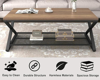 LVB Wood Coffee Table, Metal Wooden 2 Tier Center Tables with Storage, Industrial Cocktail Table with Shelf for Living Room, Farmhouse Rectangle Middle Table for Office Bedroom, 47 inch, Rustic Oak