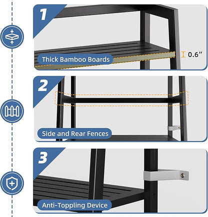 HITNET Black Bookshelf, 4-Tier Ladder Shelf, Freestanding Leaning Bookcase with Bamboo Shelves, Space Saving Flower Plant Stand for Small Space