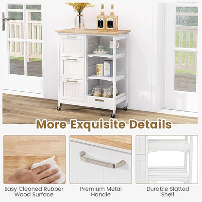 COSTWAY Kitchen Storage Island Cart on Wheels, Kitchen Rolling Trolley Cart with 3 Drawers and Shelves, 360° Wheels & Detachable Tray, Kitchen Island for Dining Room, Living Room & Bedroom