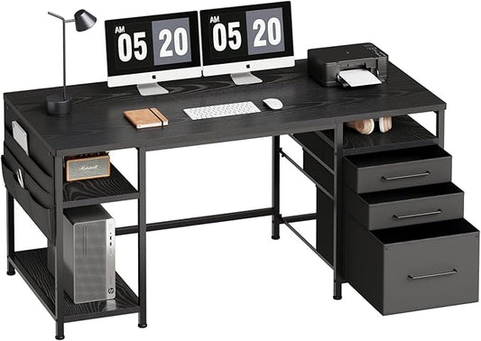 Ｍａｉｈａｉｌ Maihail Home Office Desk with Drawers Adjustable Shelves, 59 inch Writing Desk with File Cabinet, Large Computer Desk with Storage, Vintage, Black