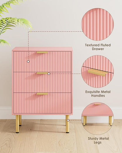 Night Stand,Tall Bedside Table with 3Storage Drawers,Pink nightstand,Bedside Furniture,Side Table with Gold Frame,Drawer Dresser for Bedroom,Living Room (Modern-3drawers, Pink)