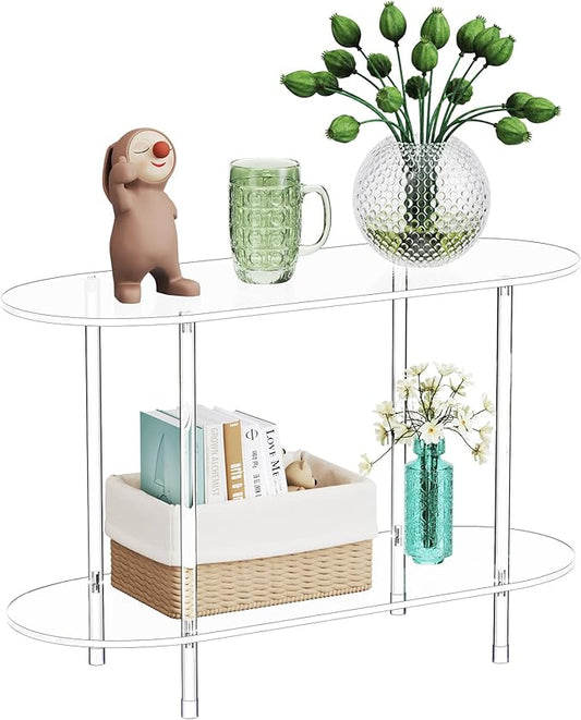 Clear Acrylic Console Table, 31.5" L x 11.8" W x 20" H, 2 Tier Oval Small Transparent Storage shelf Side End Sofa Entry Entryway Table for Sofa, Foyer, Hallway, Living Room