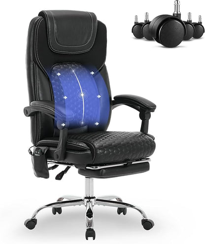 Massage Office Chair with Heat and Footrest –Reclining Desk Chair, Big and Tall Leather Computer Chair with Wheels, PU Executive Office Chair for Home, Gaming, Study, 300 lbs,Black